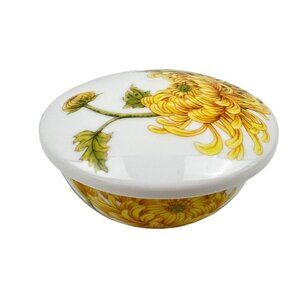 Vintage Minh Long Porcelain Trinket Dish w Lid Yellow Chrysanthemum Design